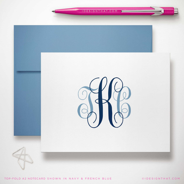 Traditional Script monogram folded notecards personalized with a classic three-initial script monogram.